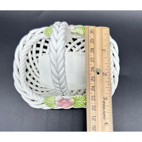 Vintage Basket Trinket Dish Cabo Spain SL Reticulated White Pink Flowers Repair - Picture 10 of 10